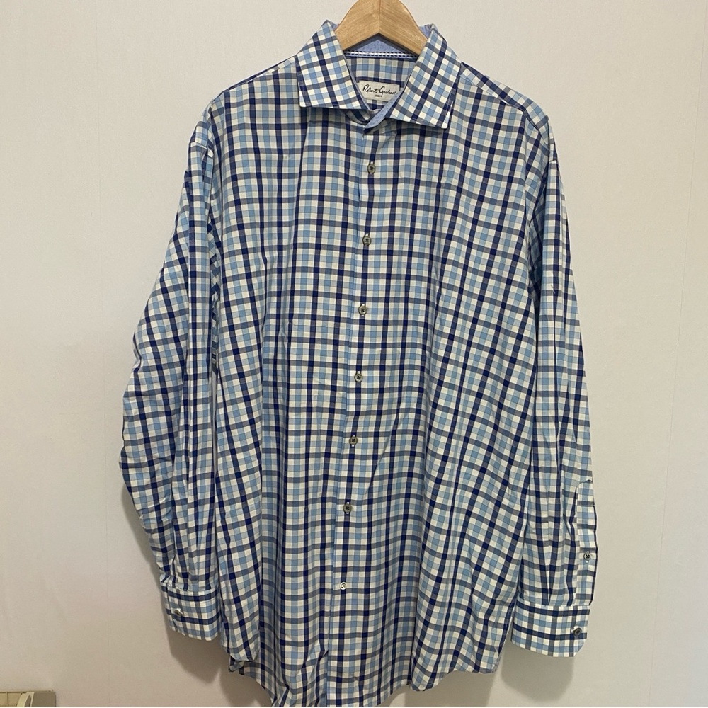 Robert Graham Blue White Gingham Check Dress Shirt 18 46 BIG 100% Cotton